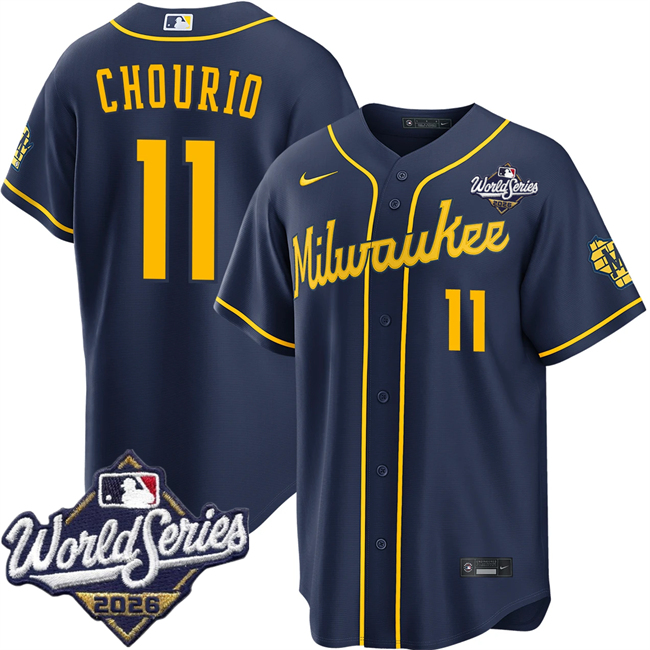Men's Navy Milwaukee Brewers #11 Jackson Chourio 2026 World Series Stitched Baseball Jersey